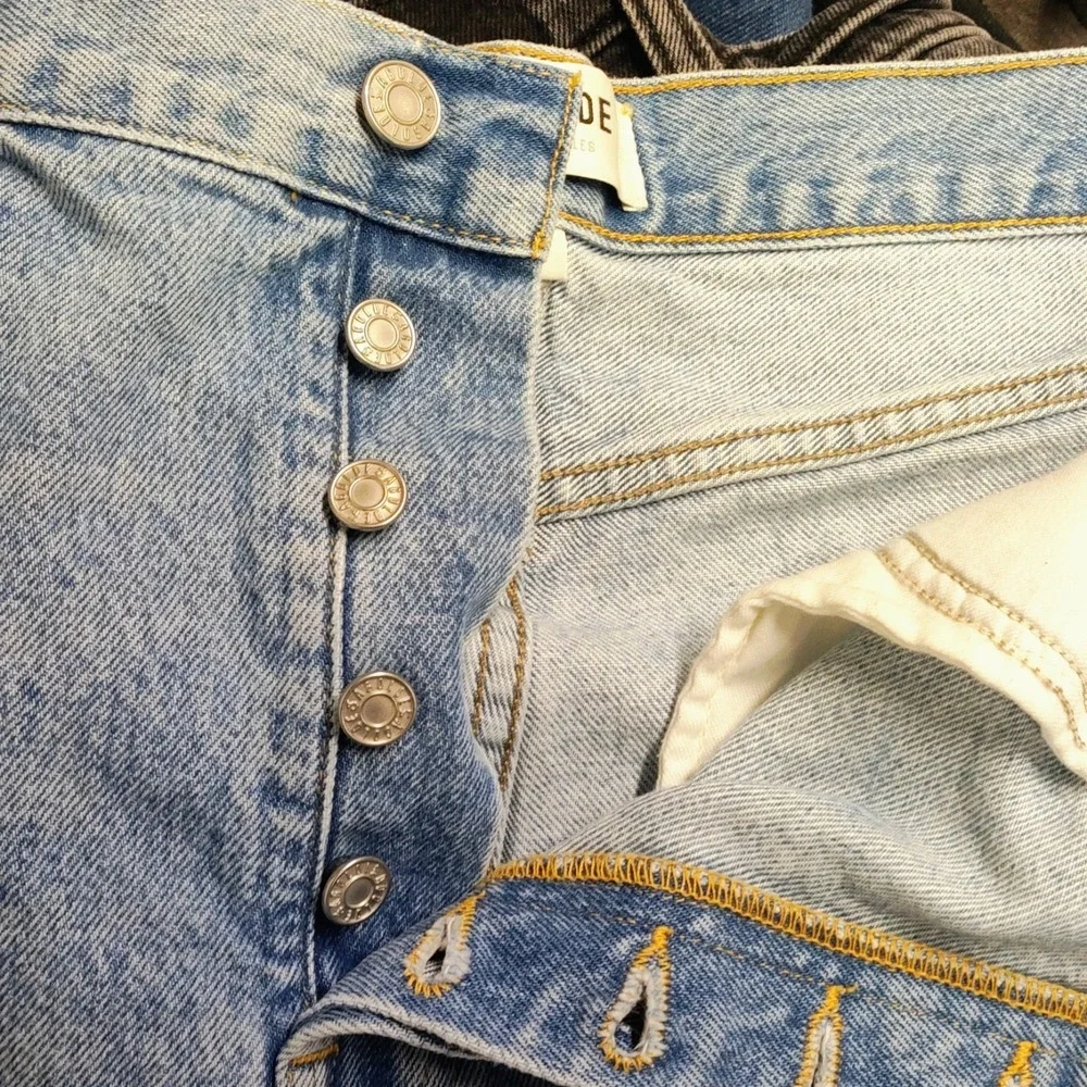 AGOLDE Parker Long Cut Off Jean Shorts 32 High Rise Button Fly Festival Denim